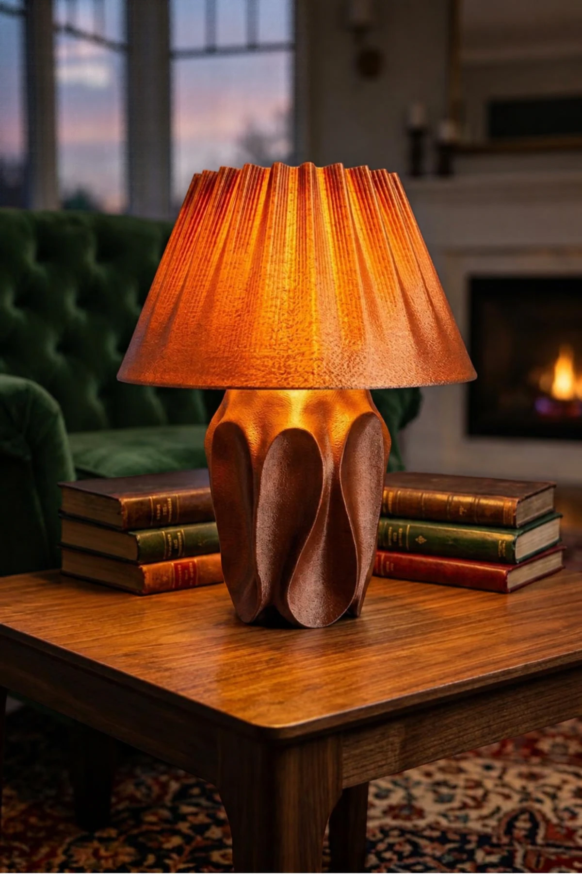 Işığı açık Aura Copper Red masa lambası, şömineli salonda ahşap yan sehpada eski kitapların arasında