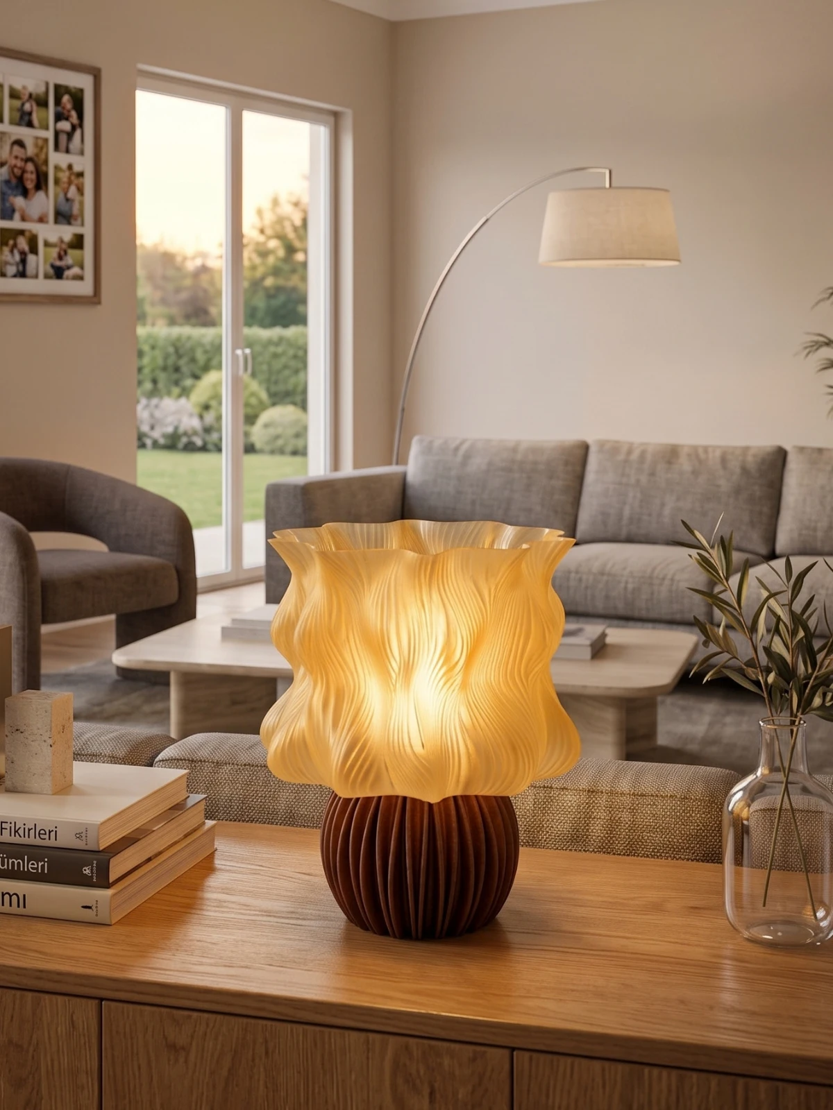 Işığı açık FLORA SUNSET masa lambası gün batımında aydınlık salonda ahşap konsol üzerinde