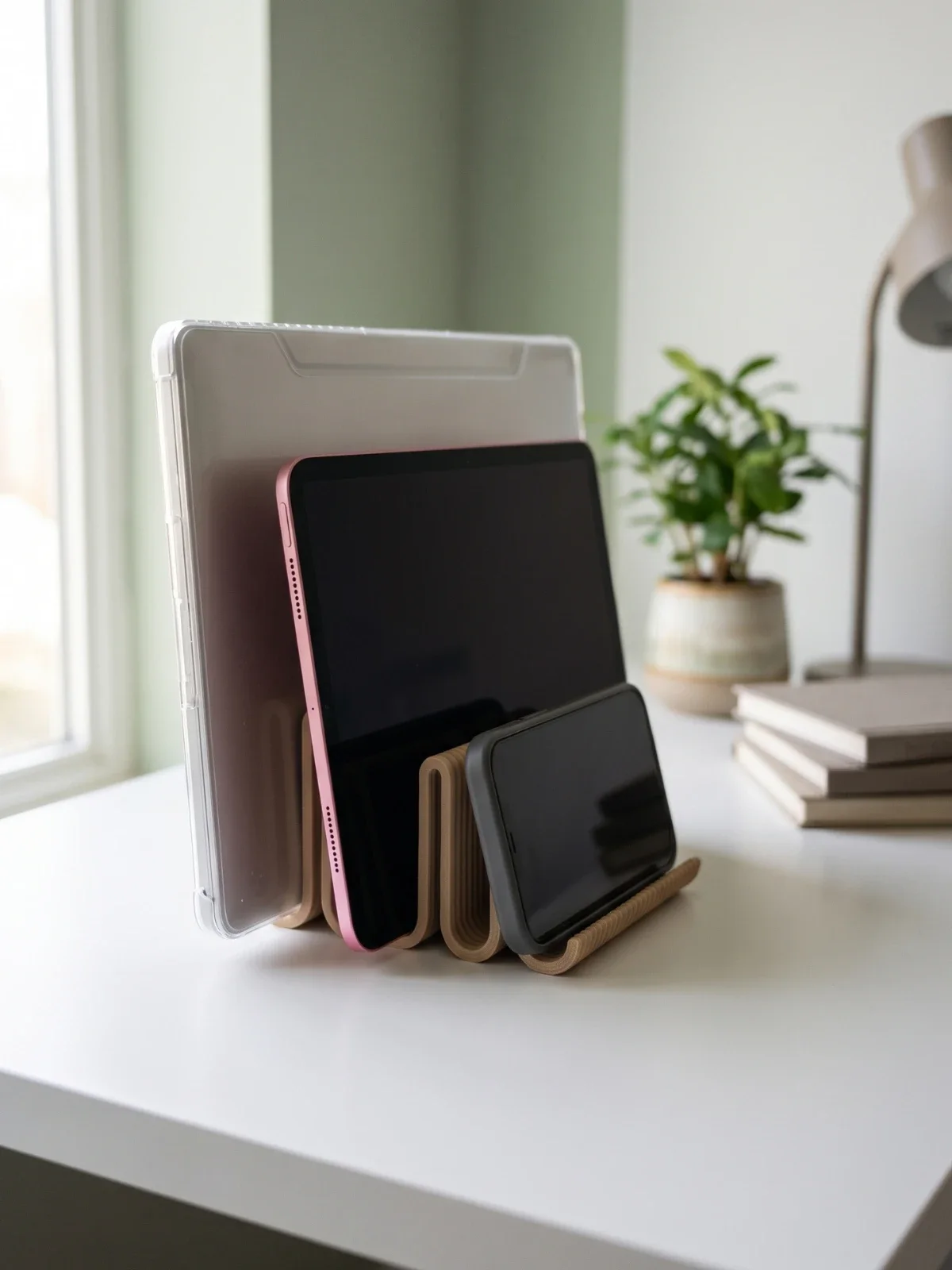TRIO OAK dikey stand beyaz çalışma masasında, yuvalarında laptop, tablet ve telefon (cihazlar dahil değildir)
