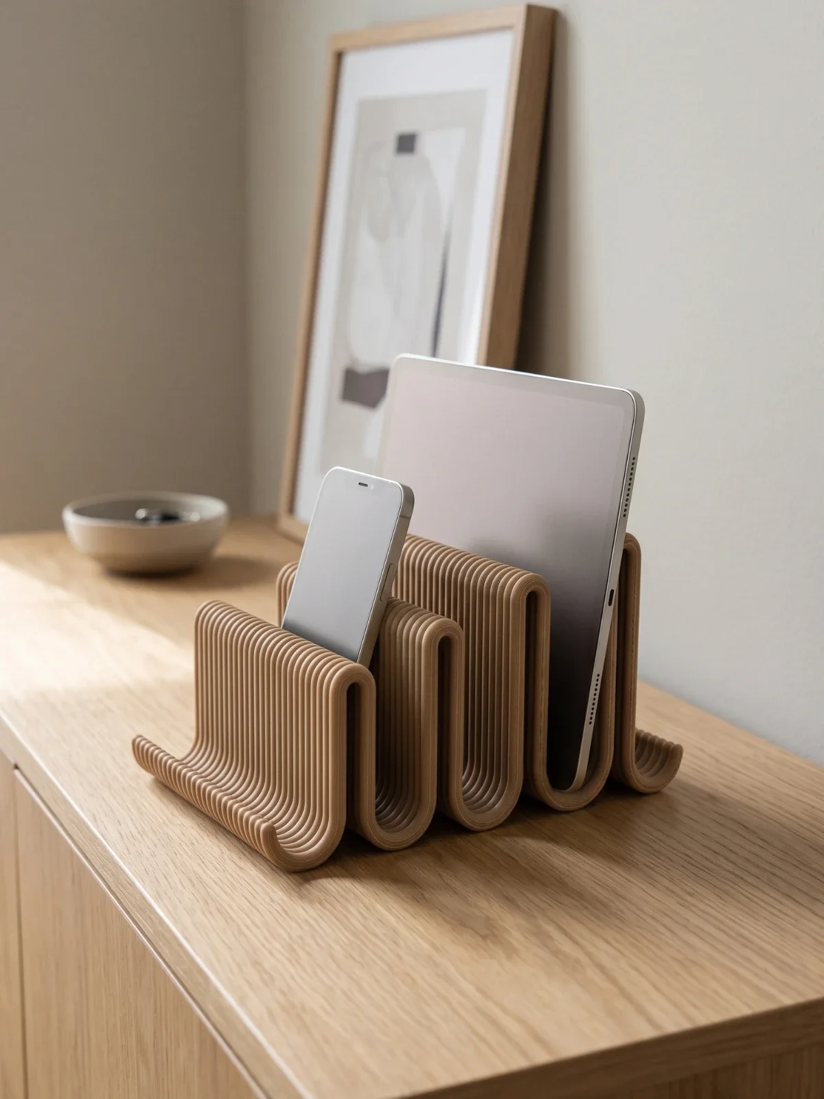TRIO OAK dikey stand ahşap konsolda, yuvalarında tablet ve telefon (cihazlar dahil değildir)